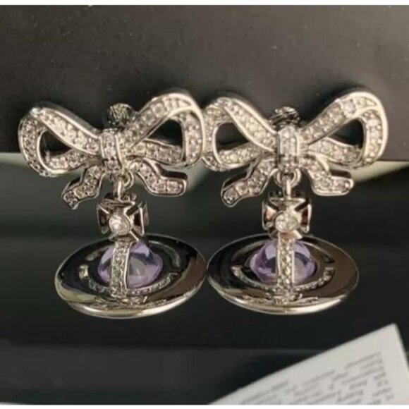 Vivienne Westwood Drop Ribbon Orb Earrings Silver Purple In Box/Drawstring - Picture 1 of 16